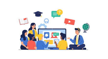 Group E-Learning Platform and Online Course Collaboration. Diverse students studying digital curriculum, webinar, and global education technology concept.