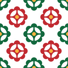 Obraz premium Geometric Seamless Floral Pattern with Red and Green Flowers on White Background