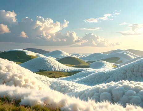 Surreal depiction of rolling hills covered in fluffy, cloud-like formations under a sunny sky