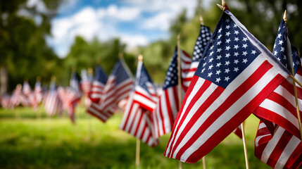 Sea of small American flags stretched across a field in a Memorial Day tribute, patriotic memorial weekend display, veterans honor concept, national remembrance visual, American patriotism,