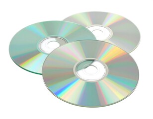Three shiny, reflective optical discs on white background, arranged in a playful overlapping pattern
