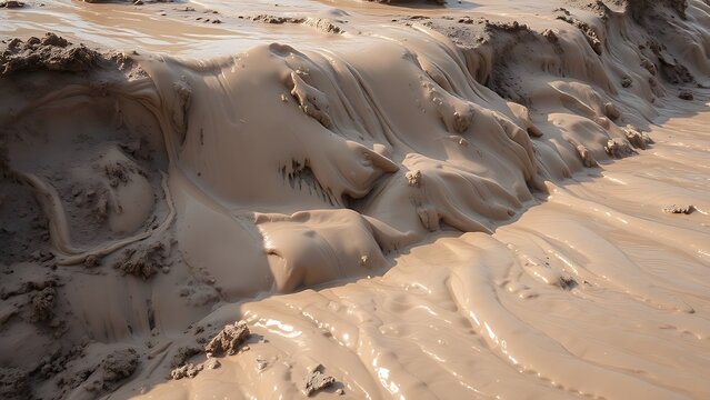 Muddy slurry flowing down a hillside, creating viscous patterns in natural daylight. ESG reports, sustainability campaigns, designed for environmental awareness campaigns.