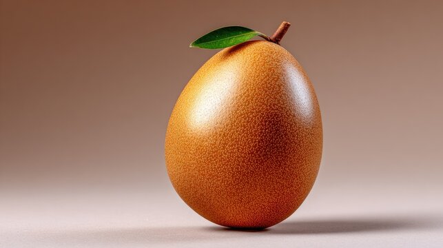 Brown textured egg-shaped fruit with a green leaf, isolated on a soft gradient background, showcasing natural beauty and unique design elements