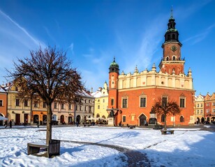 Fototapeta premium Sunny day reveals buildings with an orange facade in a snowy European town square