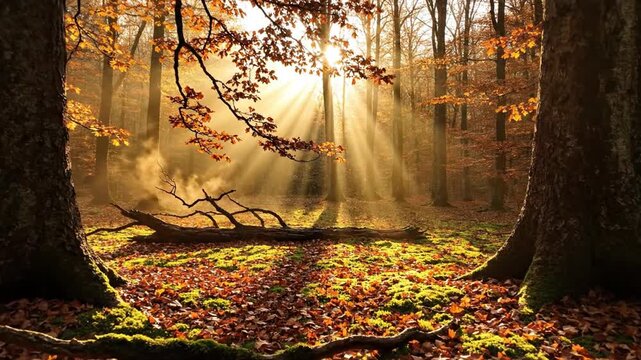 Lush autumn forest clearing bathed in warm sunbeams filtering through orange leaves