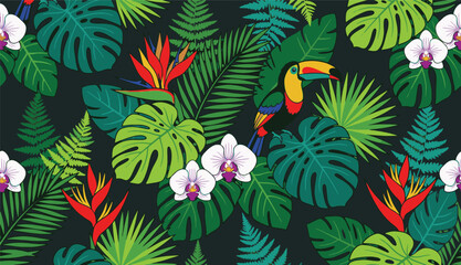 Tropical Seamless Pattern with Toucan Birds, Orchid Flowers, and Monstera Leaves © JanSae Design