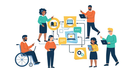 Fototapeta premium Diverse Business Team Collaboration Flowchart. Digital Workflow Management, Inclusion, and Network Communication.
