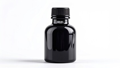 Black Glass Bottle with Black Cap on White Background.