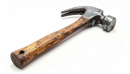Close-up of a well-used claw hammer with a wooden handle.