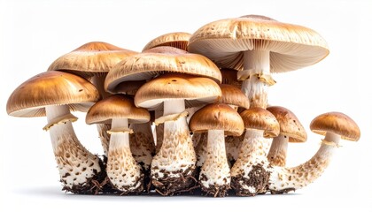 Cluster of Psilocybe Cubensis Mushrooms on White Background.