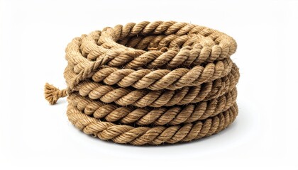 Coiled rope on white background, nautical and maritime theme.
