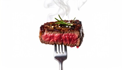 Delicious Rare Steak on a Fork with Rosemary and Steam.