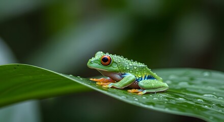 Obraz premium Vibrant Red-Eyed Tree Frog Perched on a Dew-Kissed Green Leaf in its Tropical Habitat, Detailed Close-Up