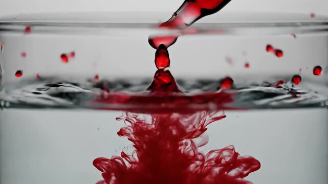 Closeup of a red liquid drop falling into clear water creating a splash and diffusion in a laboratory beaker slow motion.