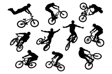 Naklejka premium Silhouettes of cyclists performing bmx tricks in various poses.
