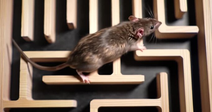 Brown mouse navigating wooden maze puzzle.