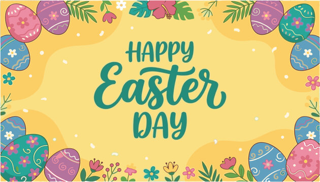 Happy Easter Day Poster with Vintage Floral and Easter Egg Frame on Light Yellow Background