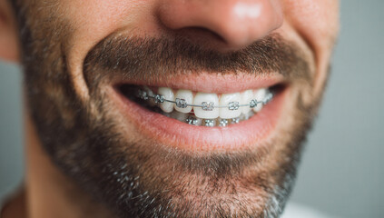 Fototapeta premium Man shows smile with braces in close-up during dental checkup in clinic setting
