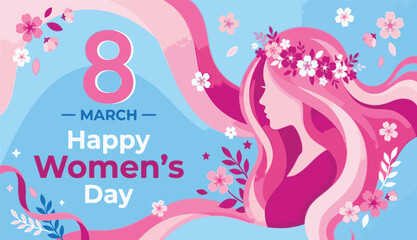 Fototapeta premium Happy Women's Day banner with profile of a beautiful woman and flowing pink floral hair