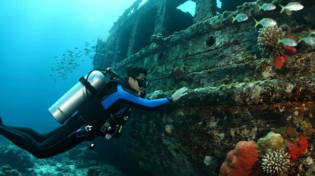Scuba diver exploring coral encrusted shipwreck teeming with fish underwater adventure.