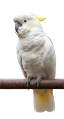 Cockatoo perches on a pipe in a bright space during the day, showcasing its distinctive features