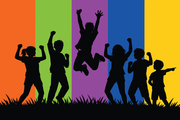 Joyful silhouettes of children celebrating amidst a vibrant rainbow backdrop.