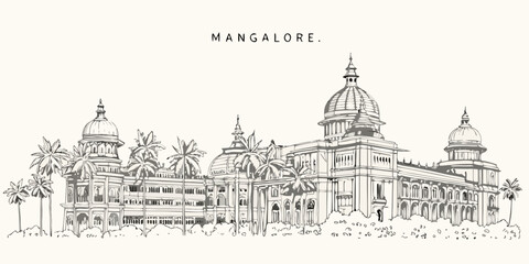 A detailed sketch of mangalore city skyline with prominent architecture © Rathin