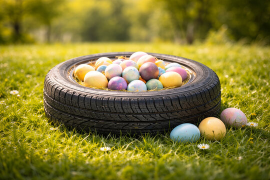 Easter eggs in a tire on spring grass, pastel colors. Automotive shop service recycling concept for tire retail, fitting, repair, storage, and sustainable seasonal marketing.