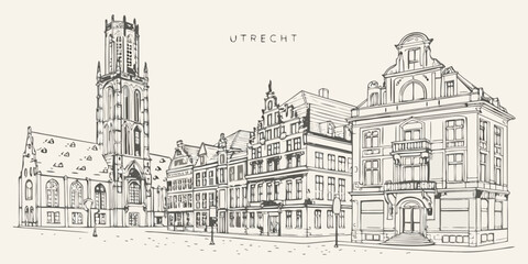 Sketch of dom tower and buildings in utrecht netherlands © Rathin
