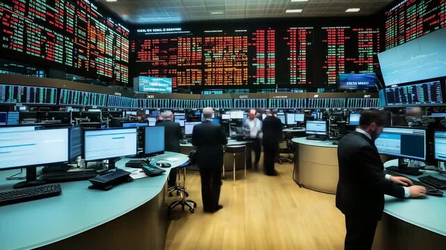 Busy trading floor with multiple computer screens and financial data.