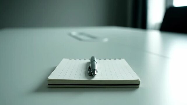 Close-up of notepad and pen on desk for writing and taking notes.