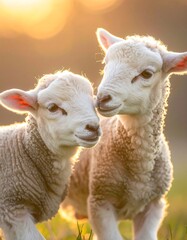 Fototapeta premium Two fluffy lambs stand close together in a field, bathed in warm golden sunlight