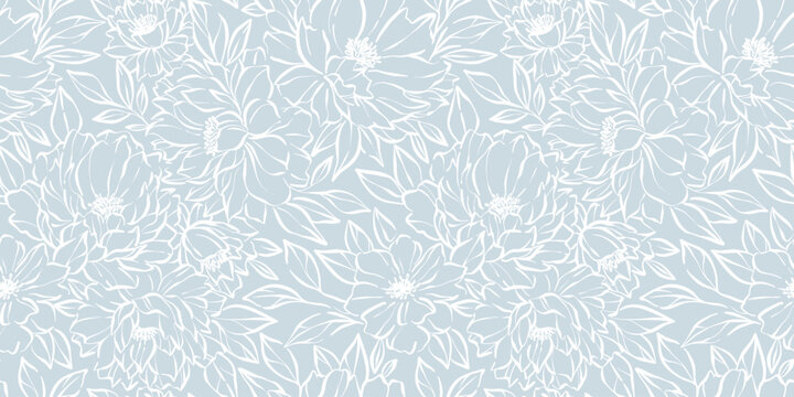 Light blue elegant floral pattern, seamless vector floral peony botanical background