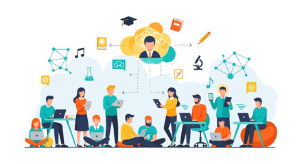 Fototapeta premium Collaborative E-Learning Network. Students and Mentors Using Digital Devices for Online Education, Knowledge Sharing, and Study Group Connection.