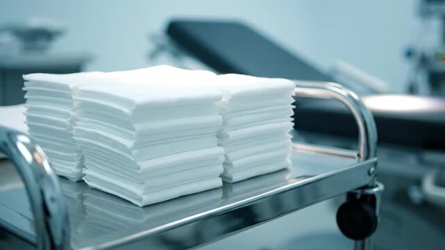 Stack of white sterile gauze on stainless steel cart in hospital operating room. Healthcare and medical supplies.