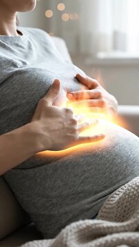 Pregnant woman belly hands maternity mother parent family care love warmth glow light magic miracle unborn life hope future expectation third trimester comfortable home sofa blanket sweater reflux