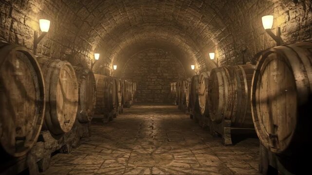 Medium shot of a dimly lit wine cellar featuring single rows of oak barrels under stone arched ceilings highlighting rustic ambiance and aged wood textures.