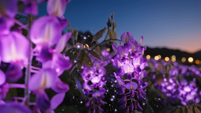 Enchanting Purple Wisteria Blossoms Illuminated at Dusk.