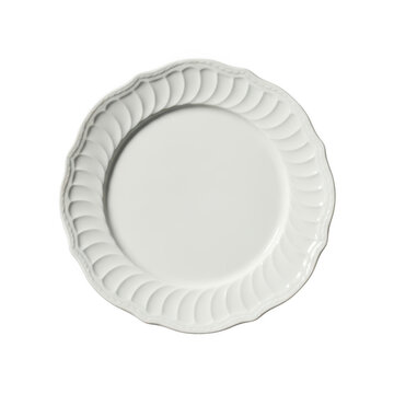 White ceramic dinner plate with decorative edge isolated on transparent background