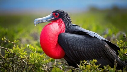 Magnificent Frigatebird with Inflated Gular Sac Displaying in Galapagos Islands.