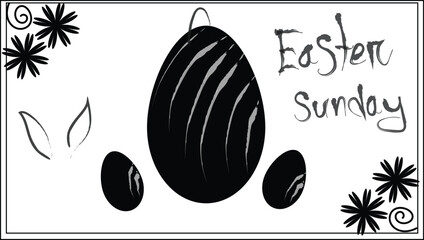 Hand drawn black and white Easter Sunday greeting card with decorated eggs, bunny ears, and floral sketches on white background © Hasan