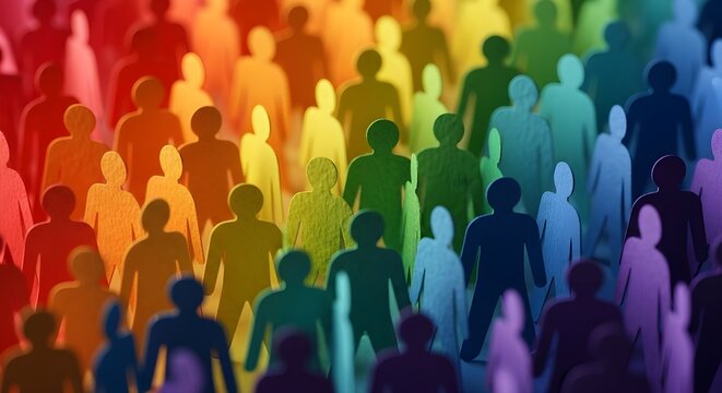 Recortes de papel coloridos de personas de fondo blanco que representan a la audiencia de las redes sociales y a las usuarias de Internet