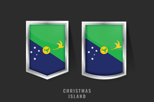 Unique 3D vector illustration of Christmas Island flag badges. Glossy metallic shields featuring the blue and green field with the golden bosun bird and Southern Cross star constellation