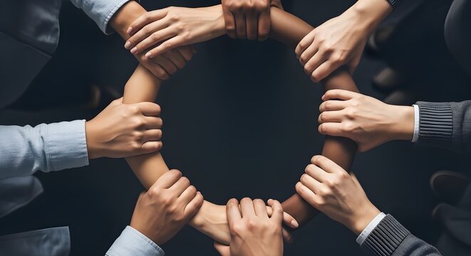 Grupo de personas multi&eacute;tnicas uniendo sus manos en c&iacute;rculo, fondo negro.
 Muchas manos de diferentes razas y etnias.