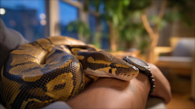 Ball python snake coiled peacefully around owner arm showing beautiful scale pattern in home setting, perfect for exotic reptile pet lifestyle, ball python care, rare snake owner, unusual pet