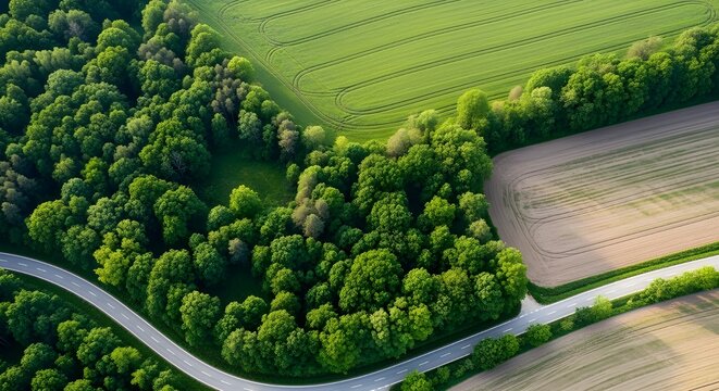 Foto a&eacute;rea de un dron volador de una tierra con &aacute;rboles j&oacute;venes y un campo arado