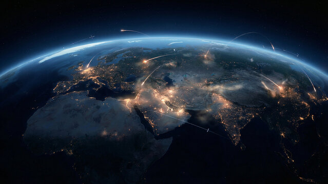 Global Network Connectivity with Light Trails on Planet Earth at Night, Illustrating Data Transfer and Communication.