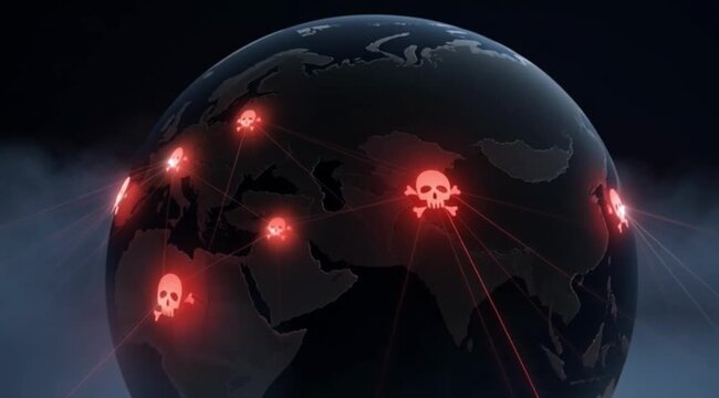Dark Globe With Red Skull Icons Cyber Attack Threat World Map