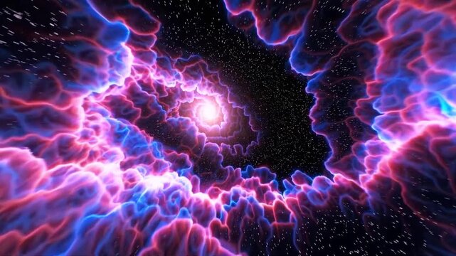 Colorful spiral nebula tunnel flying through deep space. Futuristic journey flying through a colorful wormhole in deep space with stars and cosmic dust