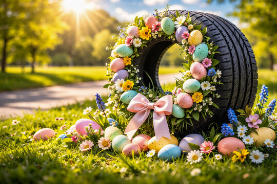 Creative easter tire wreath with colorful eggs and flowers in spring park, ideal for automotive shop service ads and recycling campaigns.